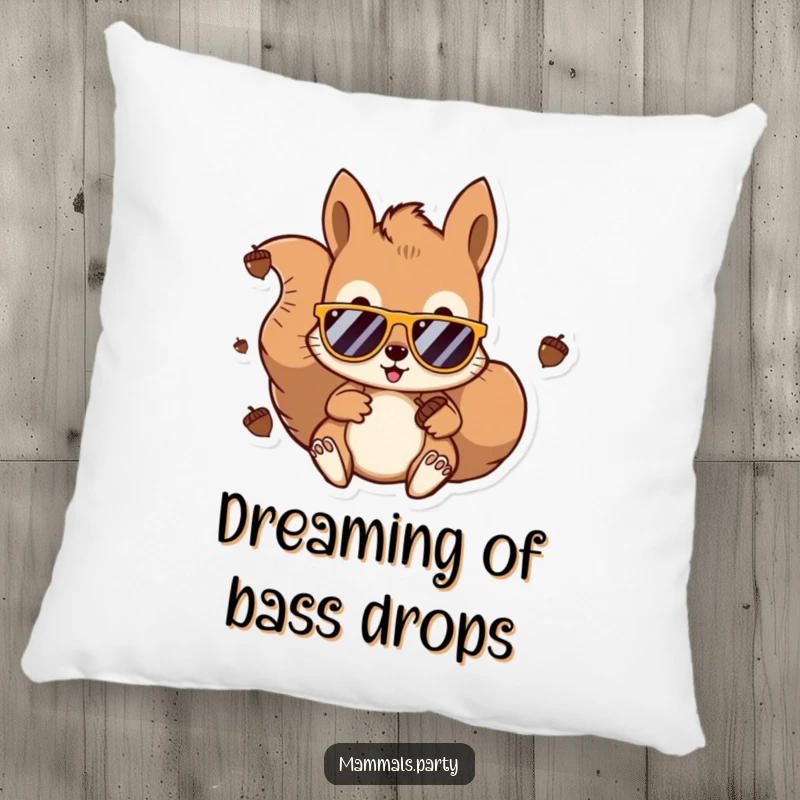 Funny Kawaii Squirrel DJ Pillow featuring a cool squirrel with sunglasses and headphones, mixing acorns. Soft, humorous, and a great gift.