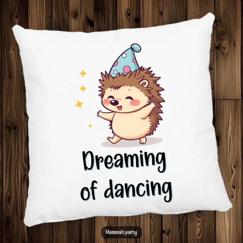 Funny Kawaii Hedgehog wearing a silly hat, attempting a clumsy dance, a soft pillow offering comfort and playful vibes.