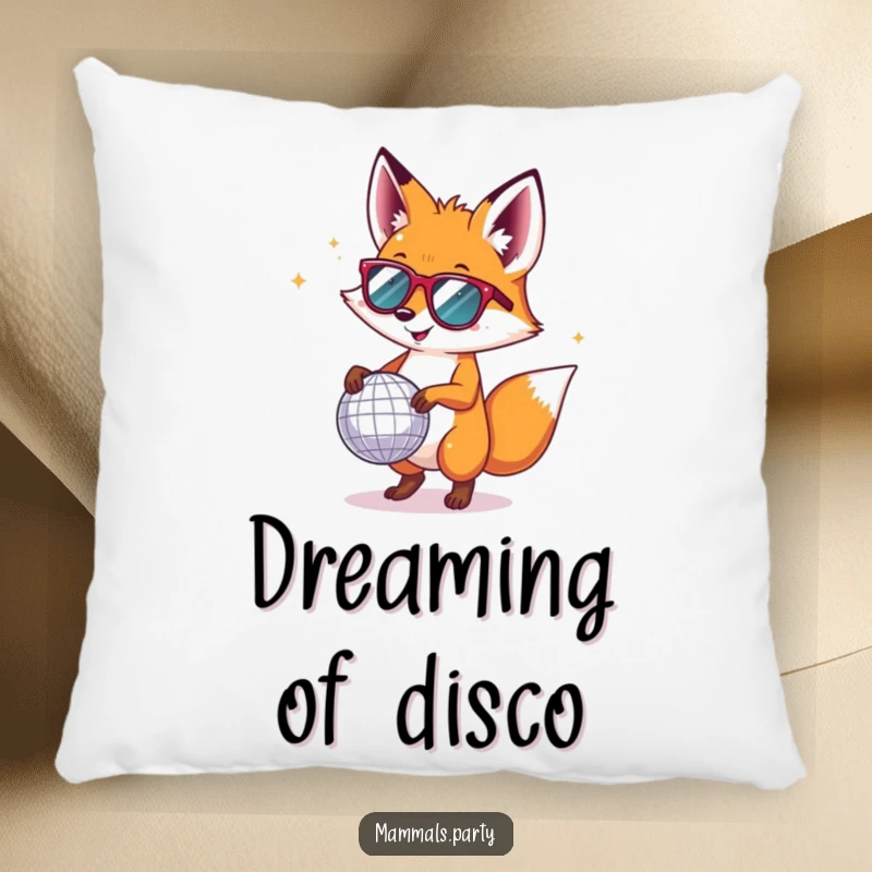 Funny fox wearing sunglasses, dancing with a disco ball, depicted as a soft, humorous pillow for comfort.