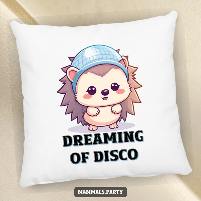 Funny Hedgehog Pillow: A cute kawaii hedgehog sporting a miniature disco ball helmet, perfect for adding fun to any cozy space.