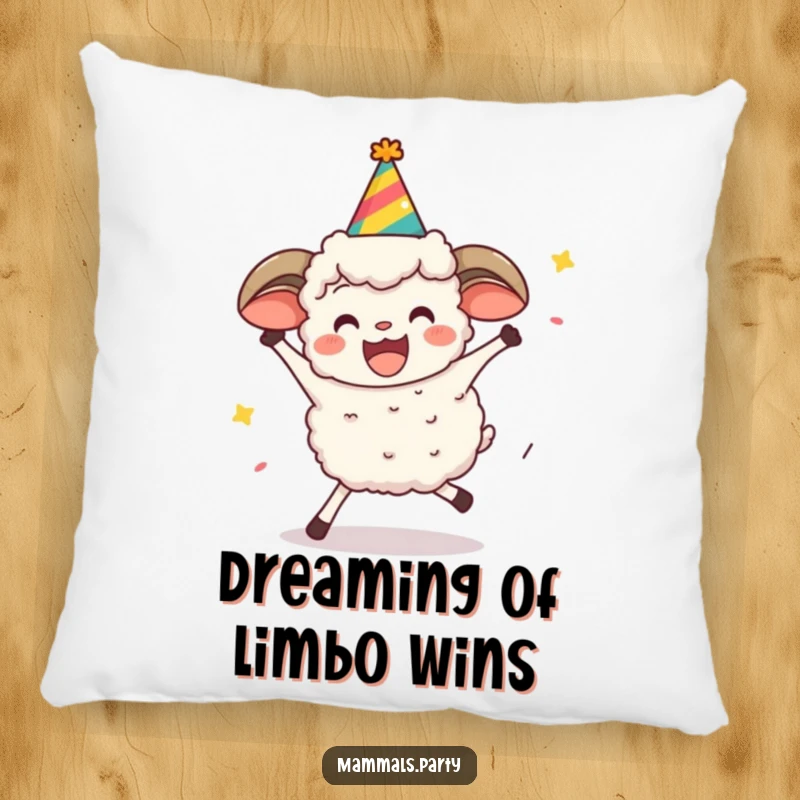 Funny sheep character in a party hat attempting to limbo, offering comfort and humor on a plush pillow.