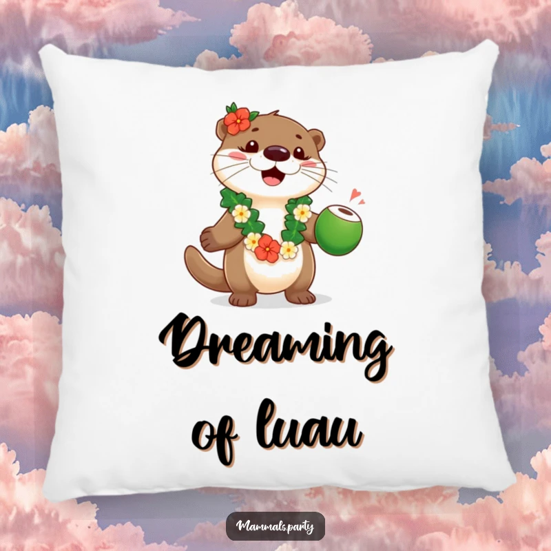 Funny playful otter wearing a lei, juggling coconuts, presented as a soft, humorous pillow.