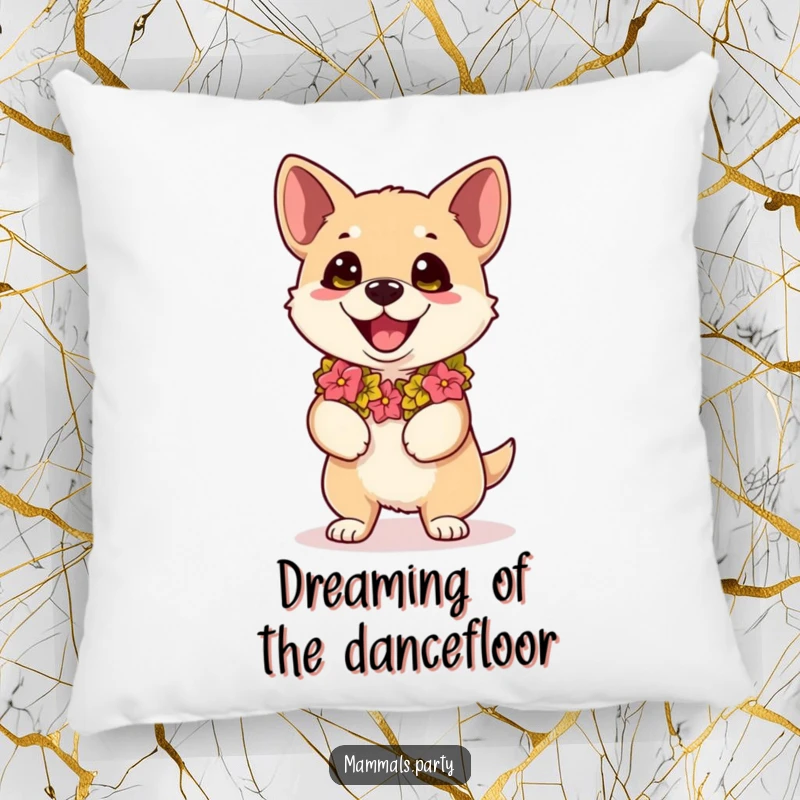 Funny kawaii dog wearing a lei, eyes wide with dance excitement, on a pillow for humorous comfort.