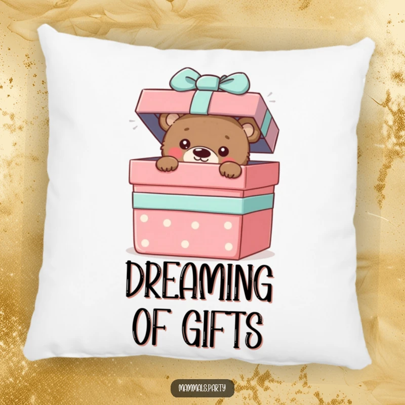 Funny pillow showing a curious bear cub peeking out from a giant gift box, inviting gentle curiosity.