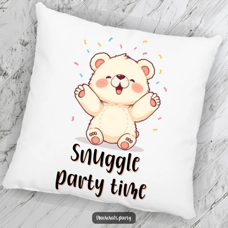 Funny pillow showing a fluffy bear cub joyfully tossing confetti upwards with its paws, perfect for a cozy celebration.