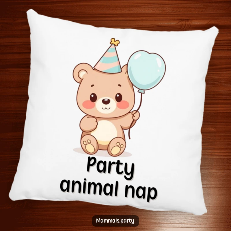 Funny pillow with a cute bear cub wearing a party hat and holding a balloon, offering comfort and a touch of festive cheer.