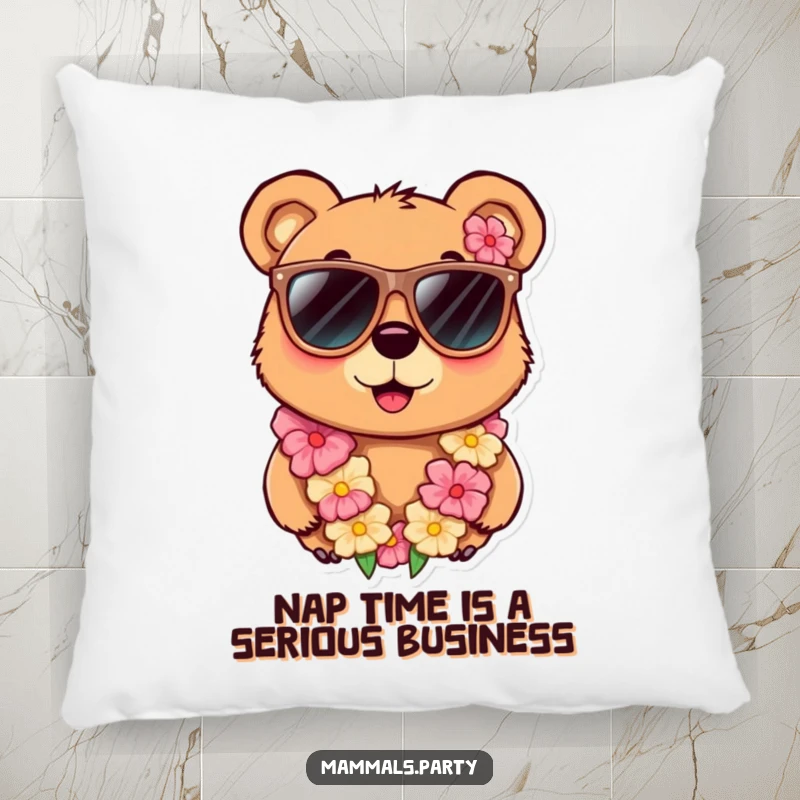 Funny pillow featuring a curious bear character sporting oversized sunglasses and a lei, adding a cozy and humorous touch to any room.
