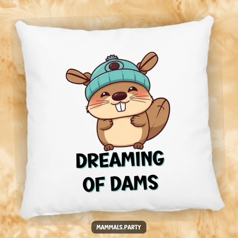 Funny beaver pillow with a joyous character wearing a propeller beanie, offering soft, cheerful, and humorous decor.