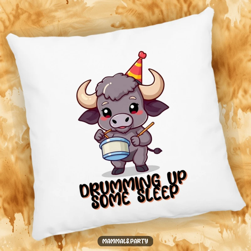 Funny buffalo character in a party hat playing air drums, offering comfort and musical vibes on a soft pillow.