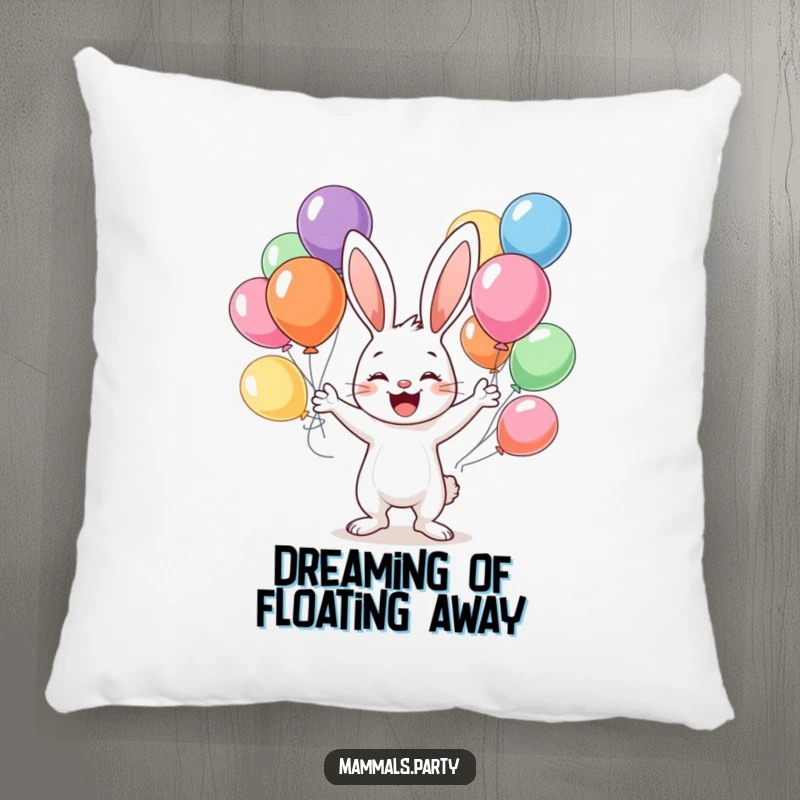 Funny pillow with a happy bunny character juggling a delightful assortment of colorful balloons, perfect for adding whimsy and comfort.