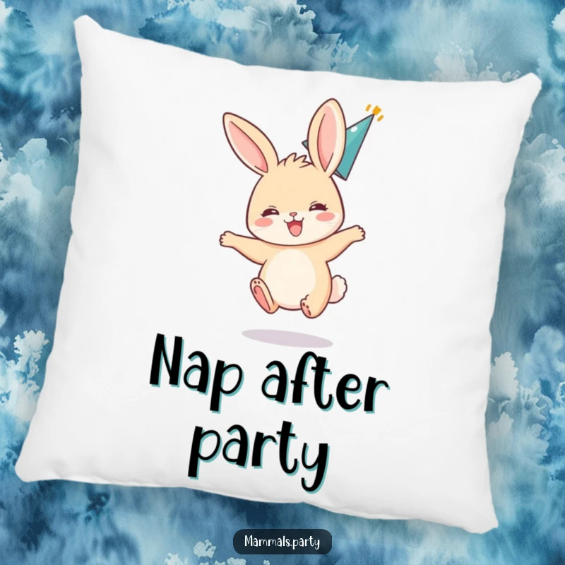 Funny pillow showing an excited bunny bouncing with ears flopped back, wearing a party hat, perfect for festive decor.