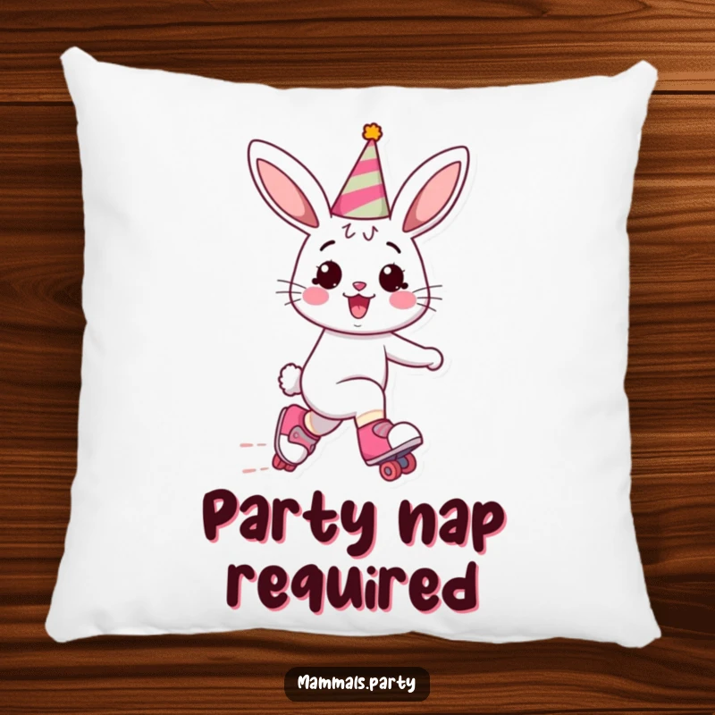 Funny Bunny Pillow: A happy bunny in a party hat zooms on roller skates, bringing a touch of playful celebration to any cozy space.