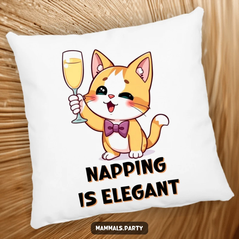 Funny Cat Pillow showing a curious cat in a bow tie, excitedly raising a champagne glass, bringing comfort and sophisticated vibes.