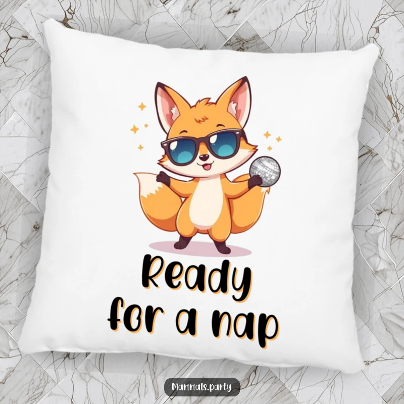 Funny pillow with a happy dancing fox in sunglasses and a disco ball, adding a quirky and hilarious touch to any seating area.