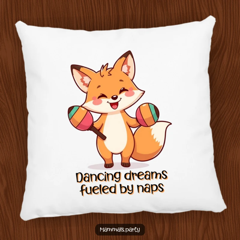 Funny pillow featuring a smiling fox character engaged in a silly dance with oversized maracas, adding comfort and humor.