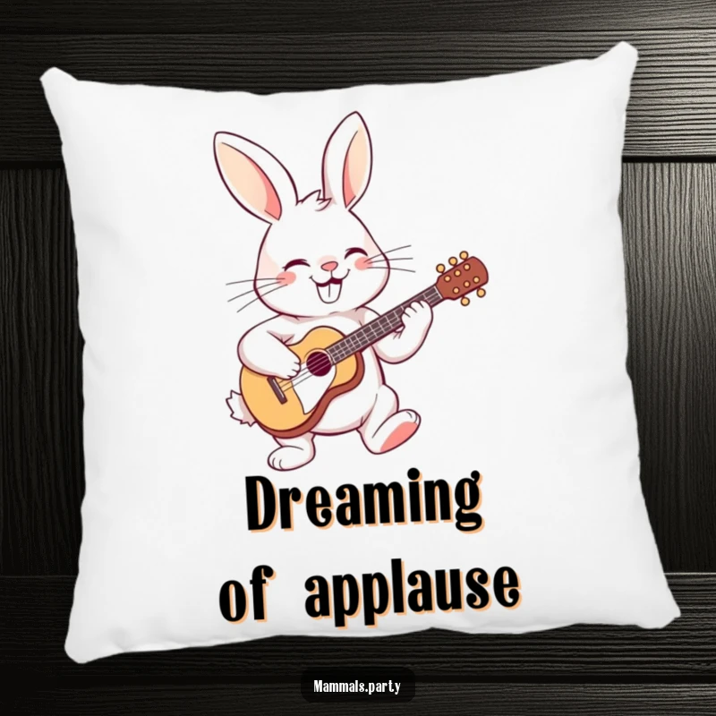 Funny pillow with a grinning rabbit playing a miniature guitar, adding a whimsical and musical touch to any couch or chair.