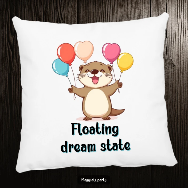 Funny pillow featuring a playful otter character juggling colorful balloons, looking happy and relaxed.