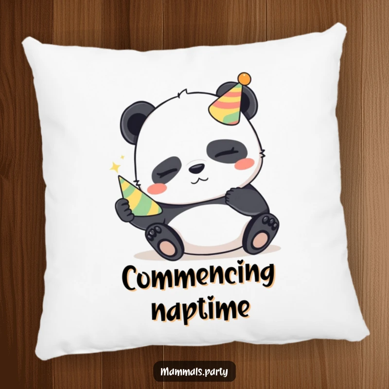 Funny Panda Pillow: A sleepy panda with a mischievous glint holds a tiny party horn, perfect for adding charming comfort.