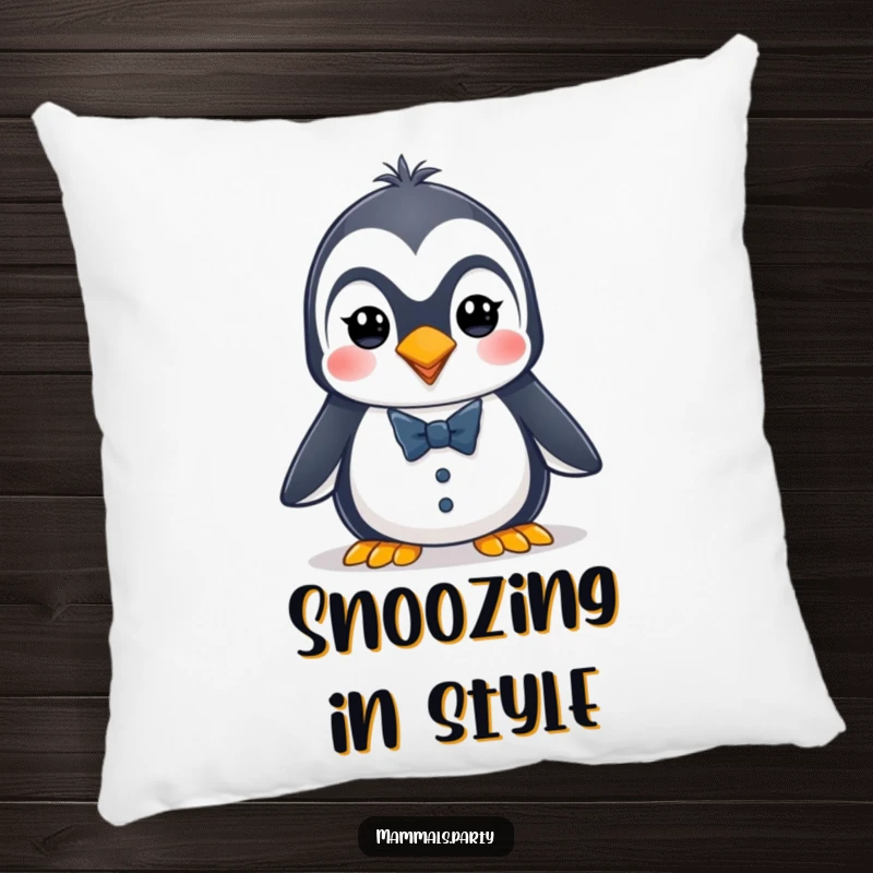 Funny penguin pillow with an energetic character in a tiny tuxedo, offering soft, dapper, and humorous decor.