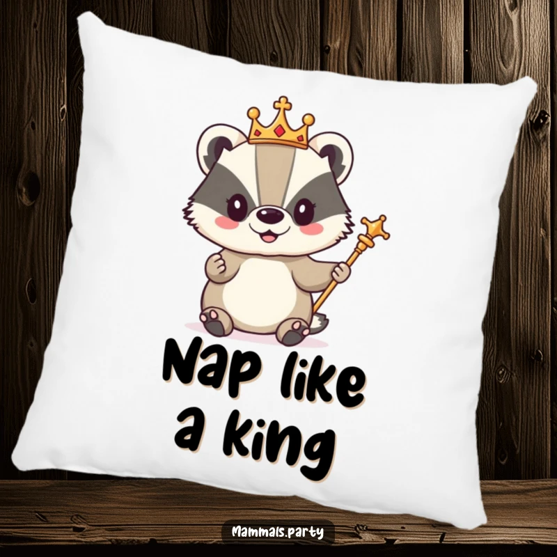Funny pillow featuring a cute badger character dressed as a king, complete with a crown and scepter, looking perfectly regal.