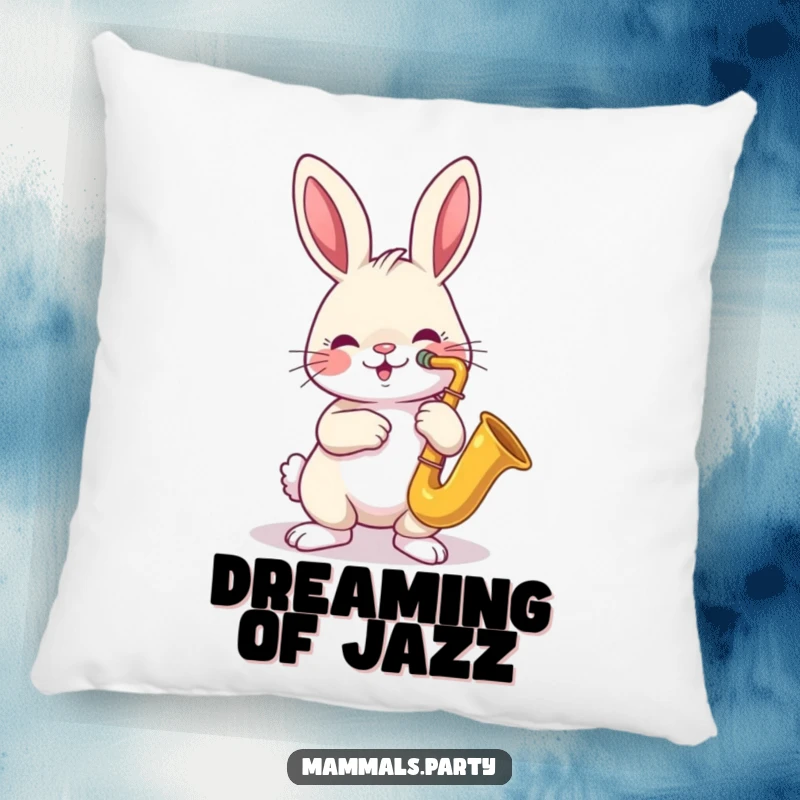 Funny pillow featuring a cheerful rabbit character playing a small saxophone, looking relaxed and musical.