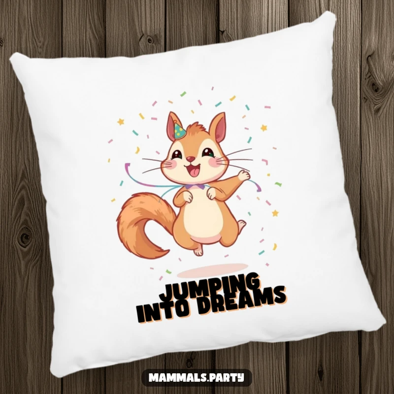 Funny Squirrel Pillow: A festive squirrel decorated with streamers jumps excitedly, scattering confetti with soft, playful charm.