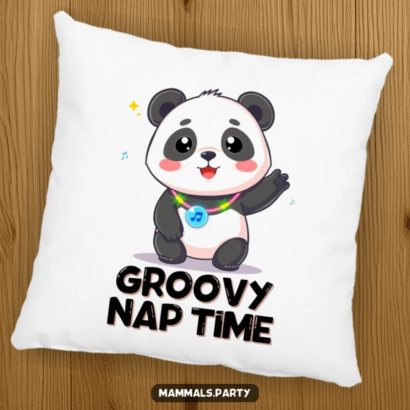 Funny Kawaii Panda wearing a flashing necklace, bopping to music, a soft pillow providing comfort and a groovy atmosphere.