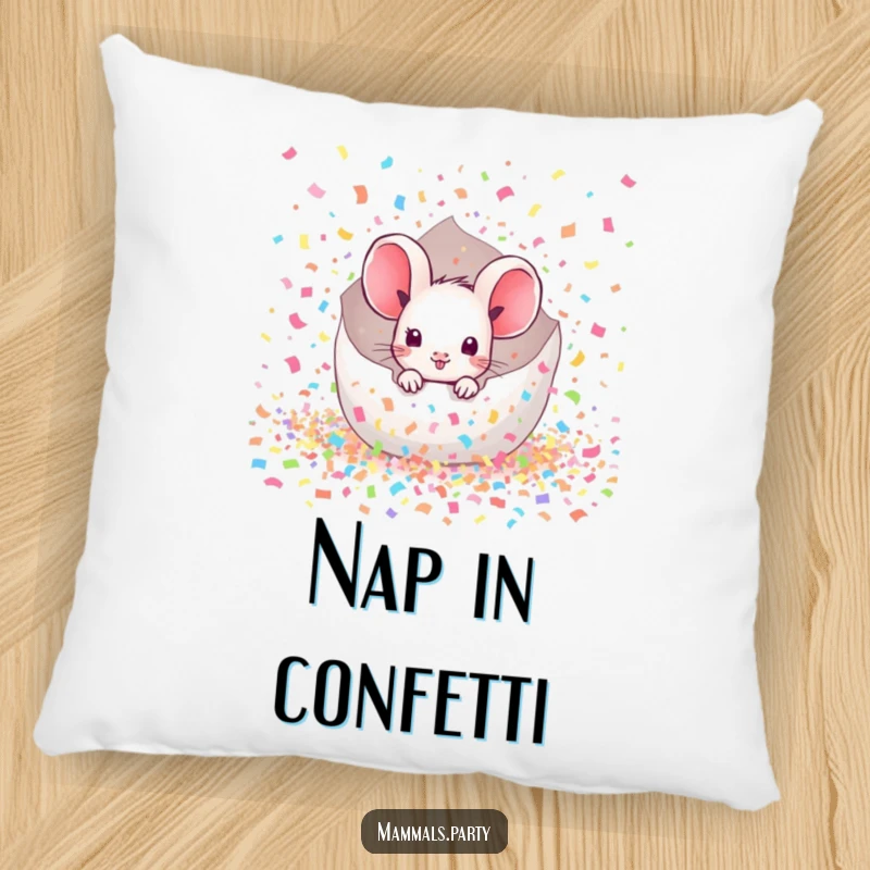 Funny Mouse Pillow: A cute kawaii mouse emerges from a burst of confetti, perfect for adding a touch of festive fun.