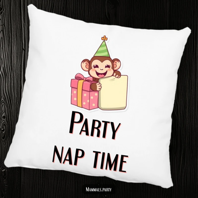 Funny Monkey Pillow showing a happy monkey in a party hat, eagerly unwrapping a giant gift, bringing comfort and festive vibes.