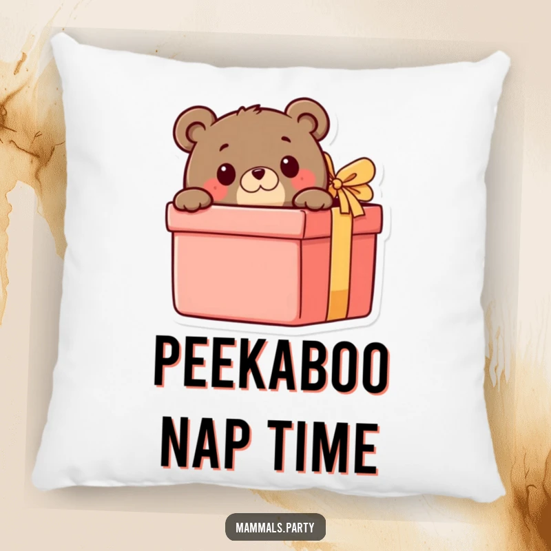 Funny Bear Pillow: A curious bear peeks from behind a gift box, adding a touch of playful curiosity and comfort to any space.