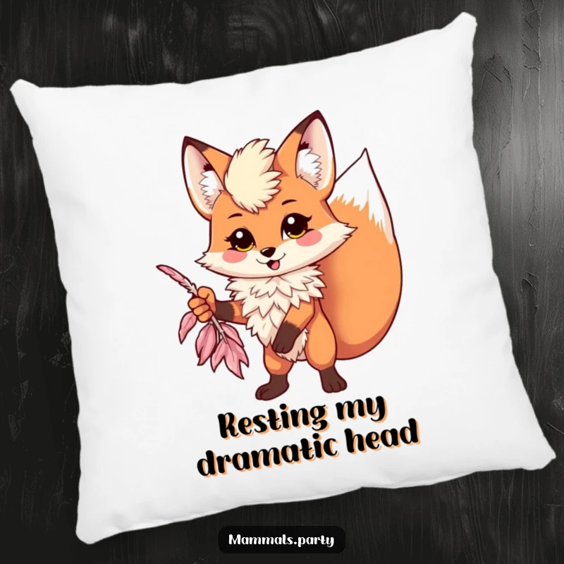 Funny kawaii fox wearing a feather boa striking a dramatic pose on a pillow, offering glamorous comfort and humor.