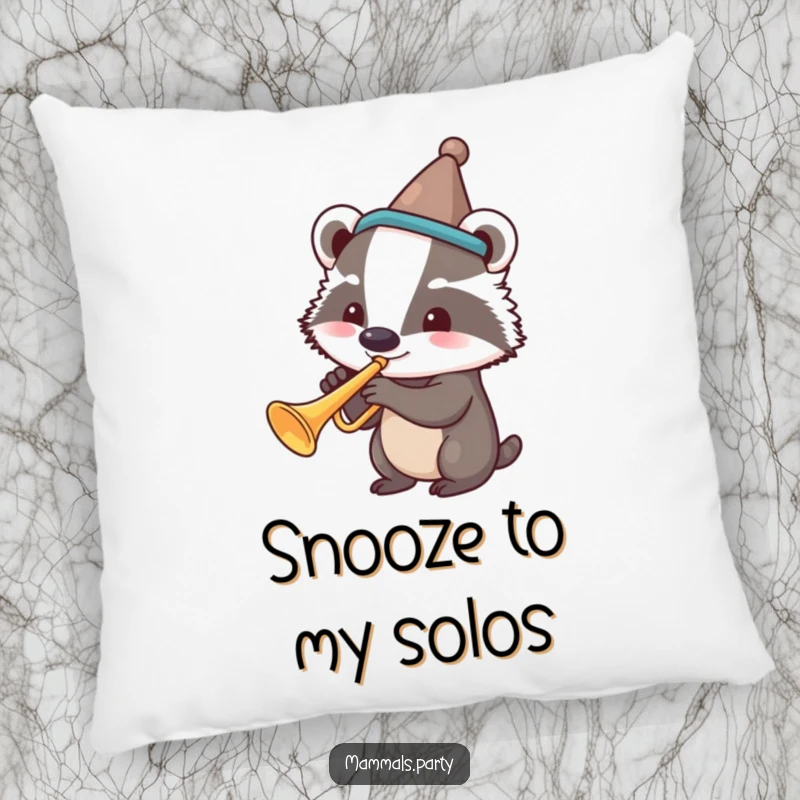 Funny pillow showing a smiling badger wearing a silly hat, playing a trumpet with cheerful abandon.