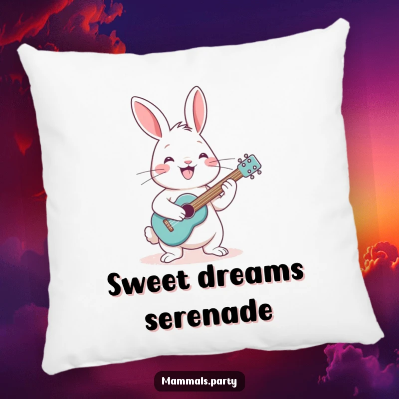 Funny, cheerful rabbit with a grin, playing a tiny guitar, presented as a soft, humorous pillow.