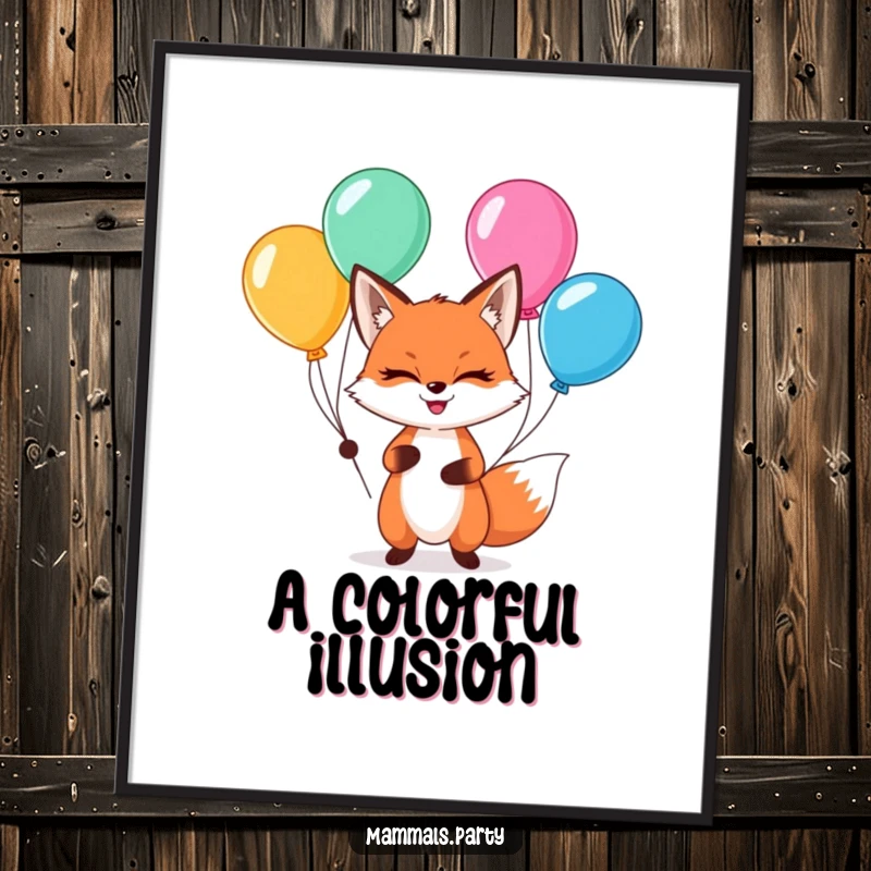 Funny kawaii fox with a sly grin, skillfully juggling multicolored balloons, a digital art piece.
