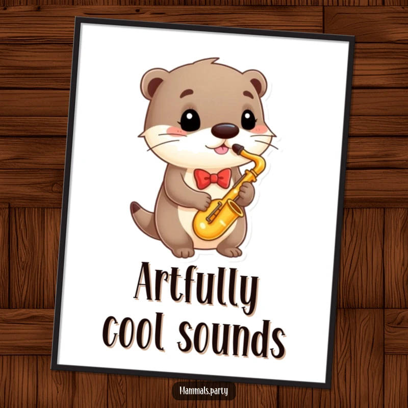 Funny Digital Art Print of a dapper otter in a bowtie playing a tiny saxophone, capturing a moment of pure musical joy.