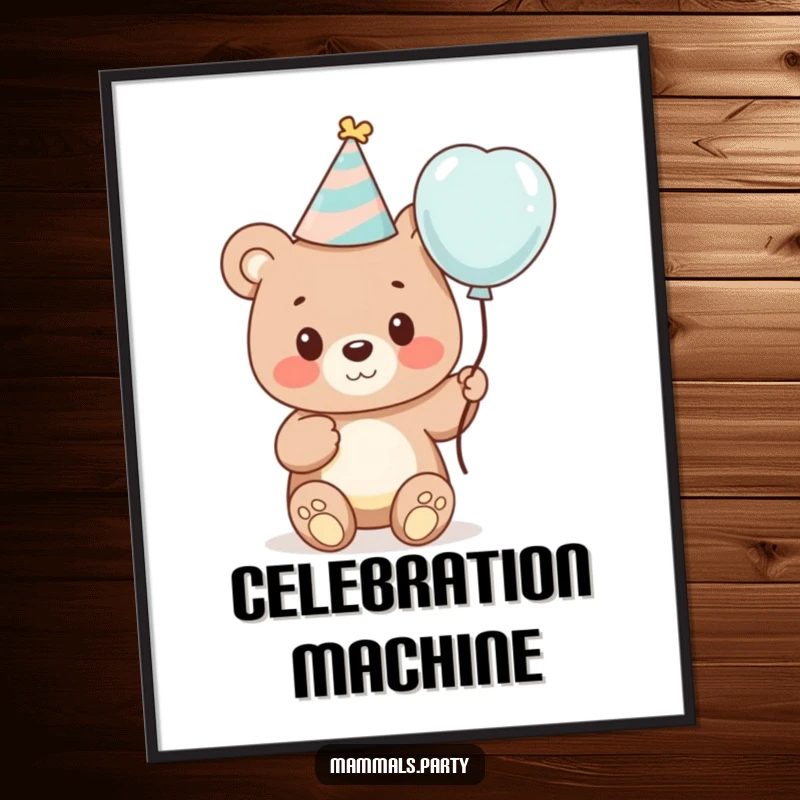 Funny digital art print of a cute bear cub wearing a party hat and holding a balloon, embodying pure celebratory happiness.