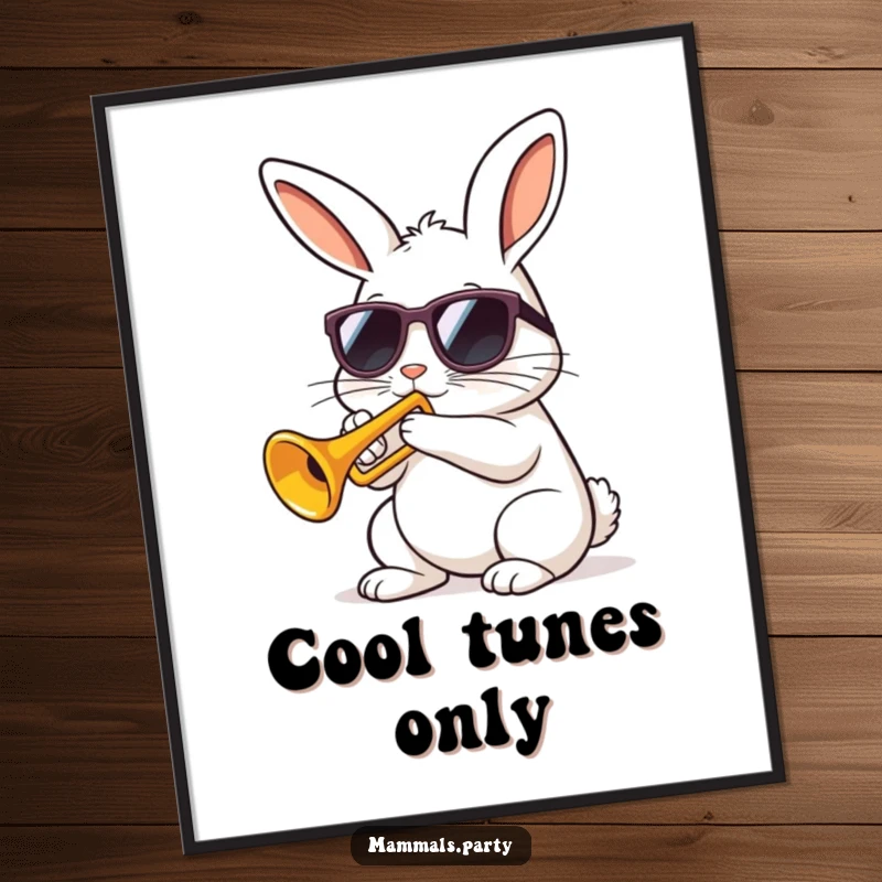 Funny kawaii rabbit wearing sunglasses playing a tiny trumpet with gusto, as a vibrant digital art print for humorous decor.