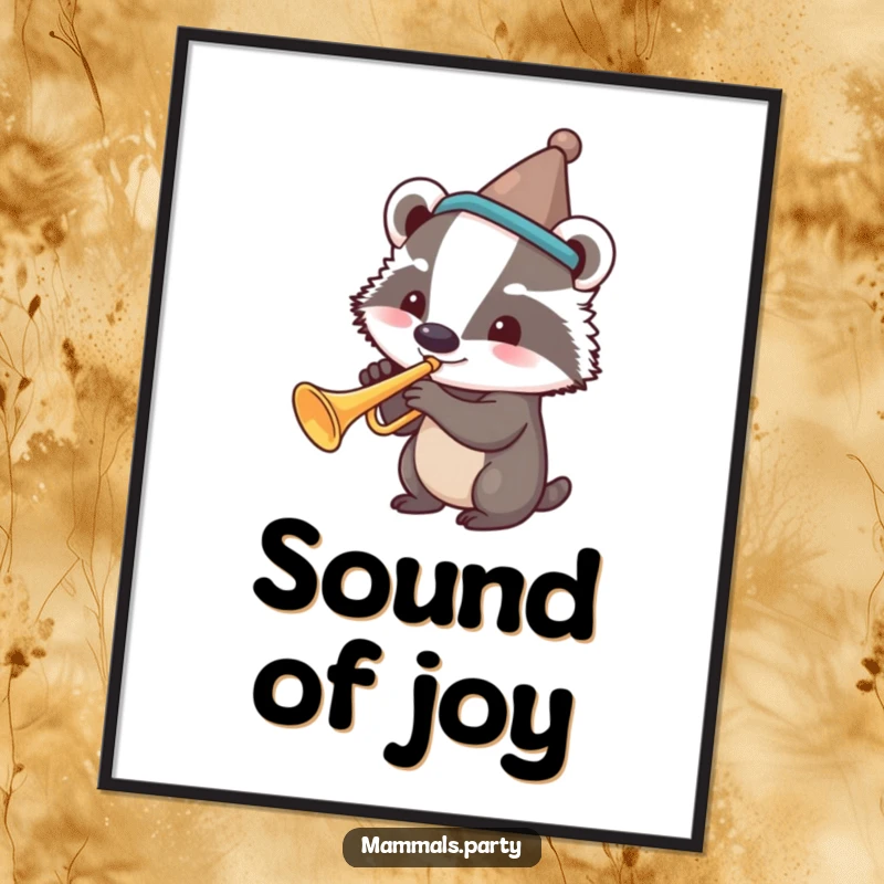 Funny digital art print of a badger in a silly hat, enthusiastically playing a trumpet with musical notes flowing out.