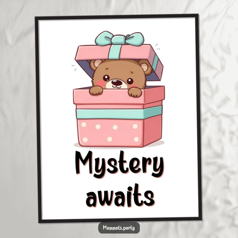 Funny digital art print of a curious bear cub peeking out from a giant, open gift box, radiating innocence and fun.