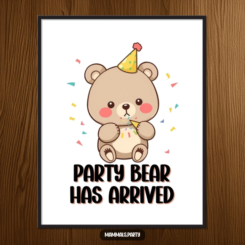 Funny bear digital art print of a cute character in a party hat blowing confetti, bringing festive and humorous vibes digitally.