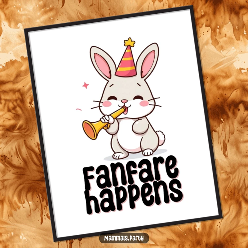 Funny bunny character in a party hat playing a tiny trumpet, presented as a vibrant digital art print for cheerful home decor.