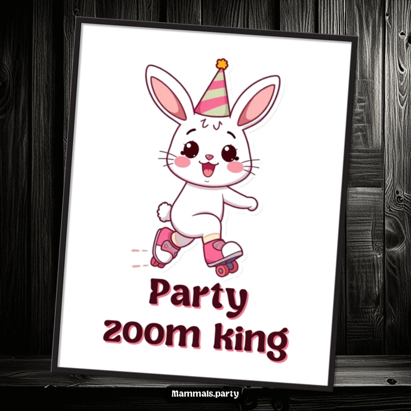 Funny Bunny Digital Art: A dynamic illustration of a cheerful bunny in a party hat, roller skating with pure joy and excitement.