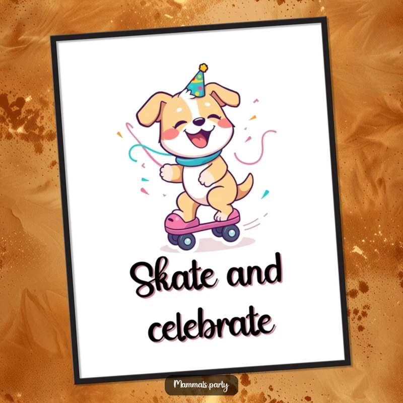 Funny Dog Digital Art Print showing a delighted dog with a party streamer, enthusiastically riding a roller skate, capturing pure, unadulterated fun.