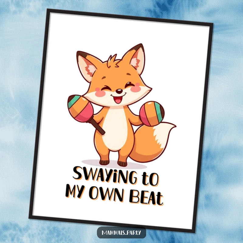 Funny digital art print of a smiling fox character doing a silly dance with oversized maracas, perfect for vibrant, humorous wall decor.