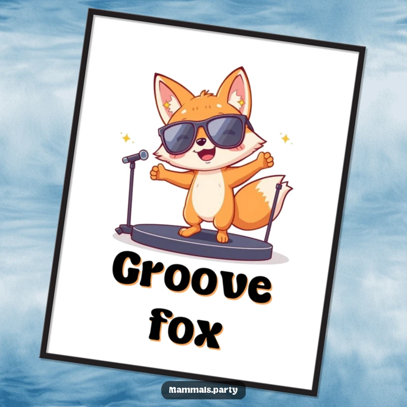 Funny fox character in sunglasses dancing wildly on a miniature stage, presented as a digital art print for instant fun and humor.