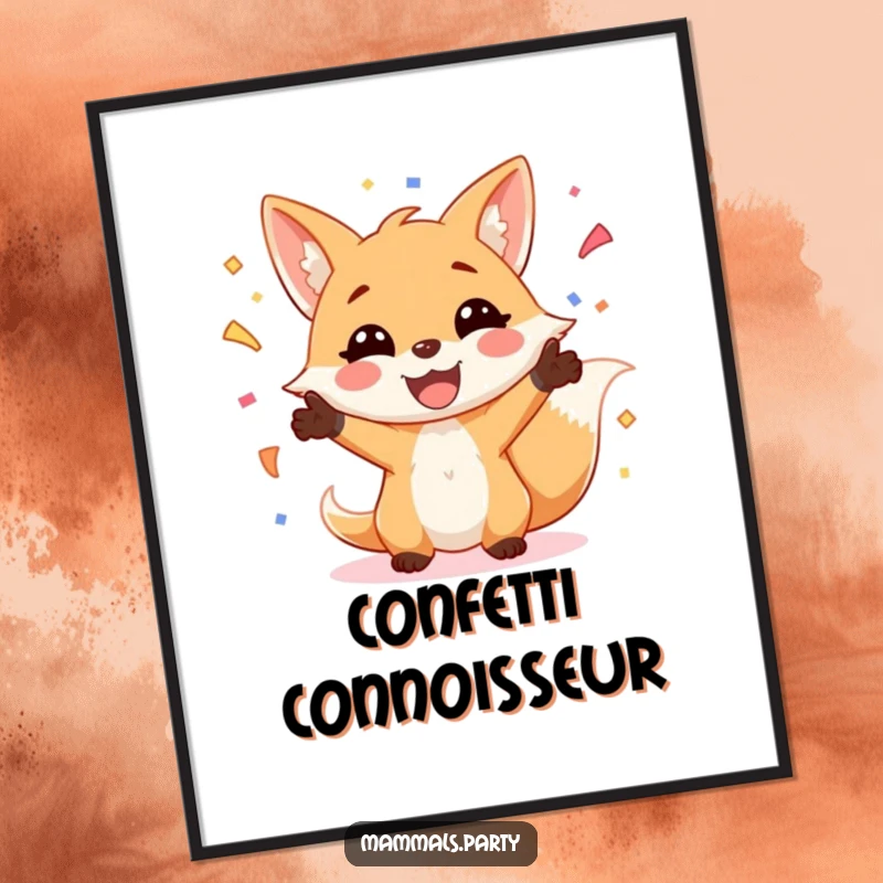 Funny Fox Digital Art: A dynamic illustration of a smiling fox enthusiastically juggling a colorful explosion of confetti, capturing pure festive fun.