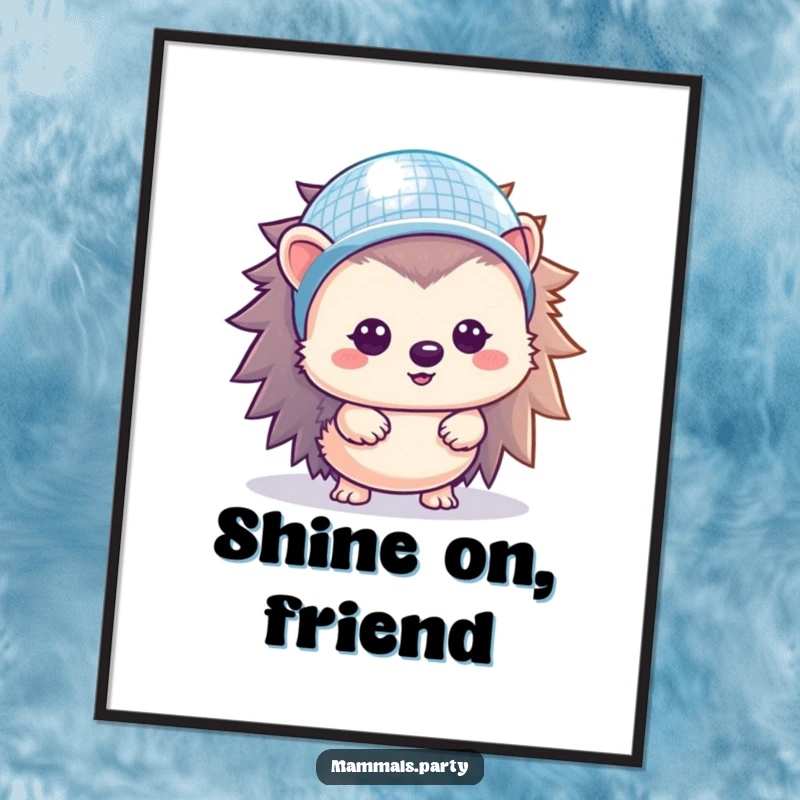 Funny Hedgehog Digital Art: A kawaii hedgehog sporting a shiny disco ball helmet, exuding pure joy and party spirit instantly.