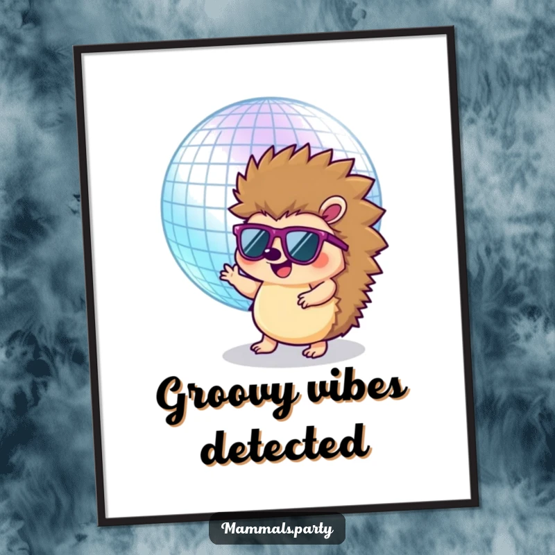 Funny Hedgehog Digital Art Print: A cool hedgehog in sunglasses dances with a giant disco ball, offering instant retro wall decor.