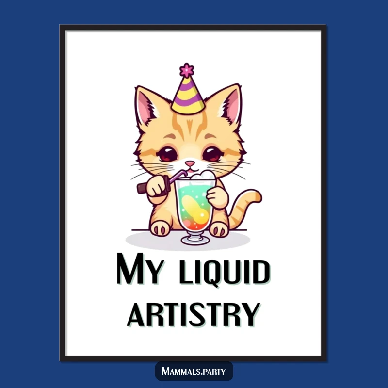 Funny Kawaii Cat Party Drink Digital Art, Hilarious Printable Cocktail Scene