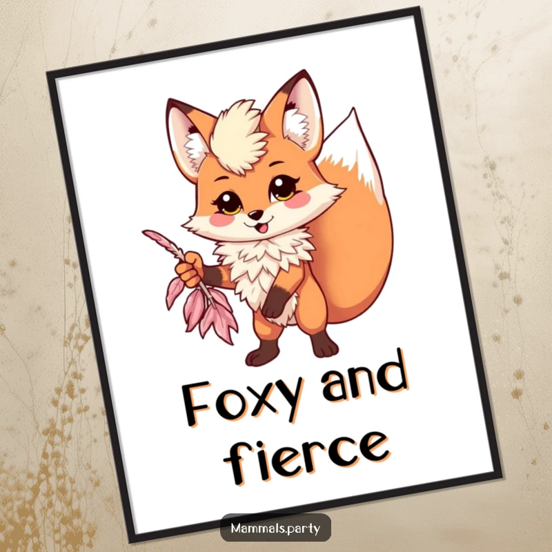 Funny kawaii fox wearing a feather boa striking a dramatic pose, as a vibrant digital art print for humorous decor.